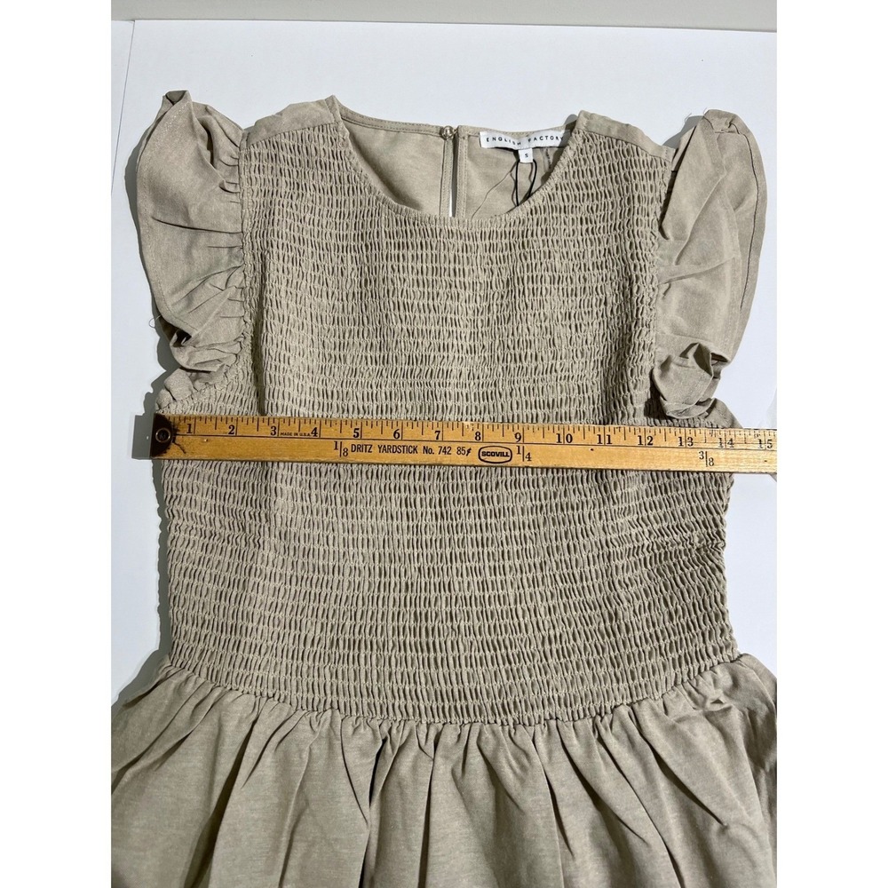 NWT English Factory Smocked Ruffle Sleeve Mini Dress Beige Small NWT BC225D - Picture 8 of 16